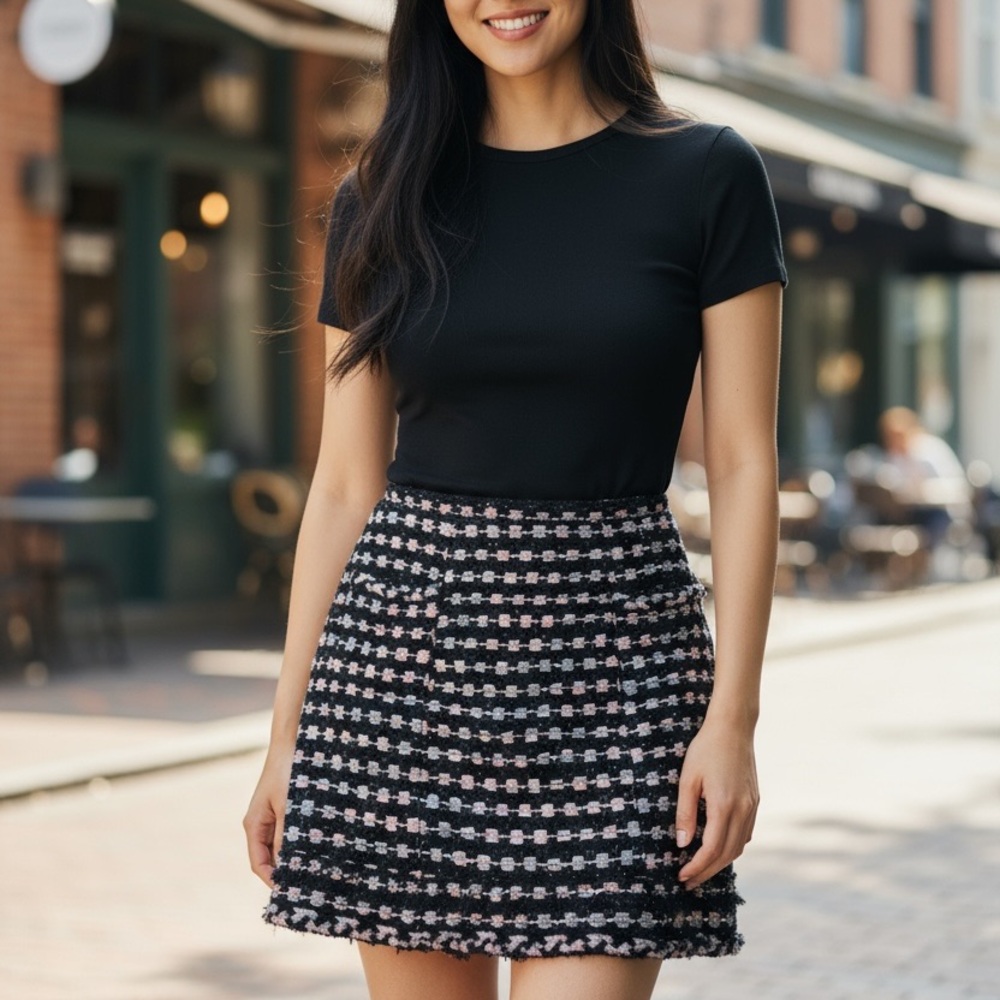 CHANEL black, pink and White Mini tweed Skirt
